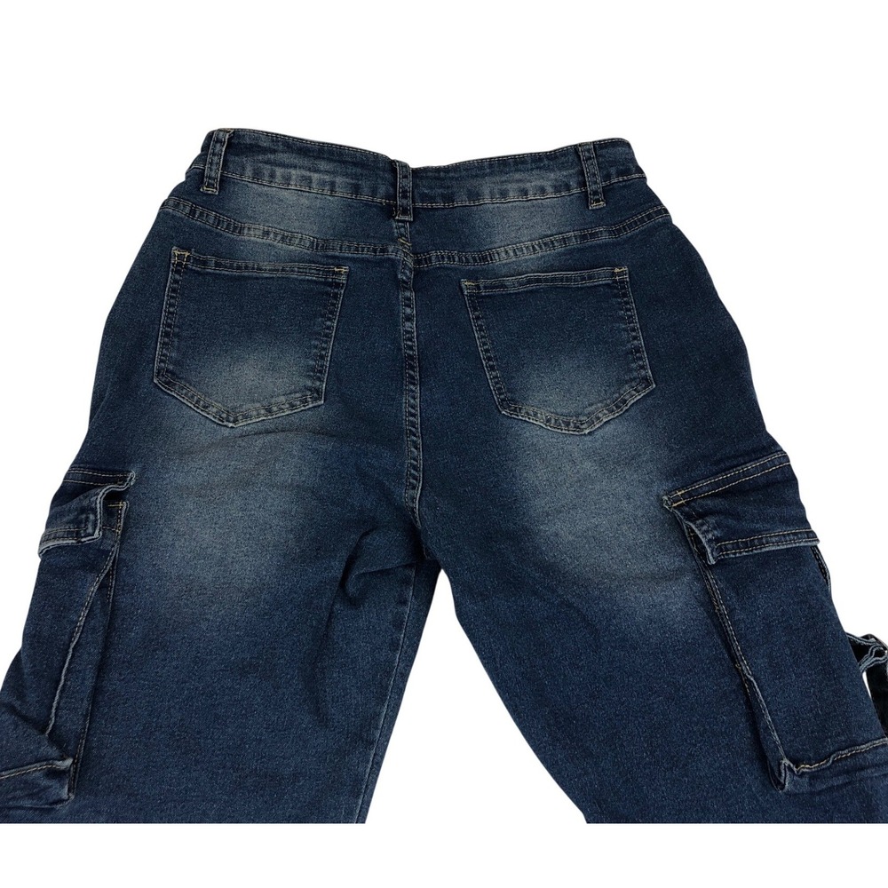 Shein Womens Petite L Dark Wash Denim Cargo Flare Jeans Buckle Strap Blue Retro - Picture 11 of 11